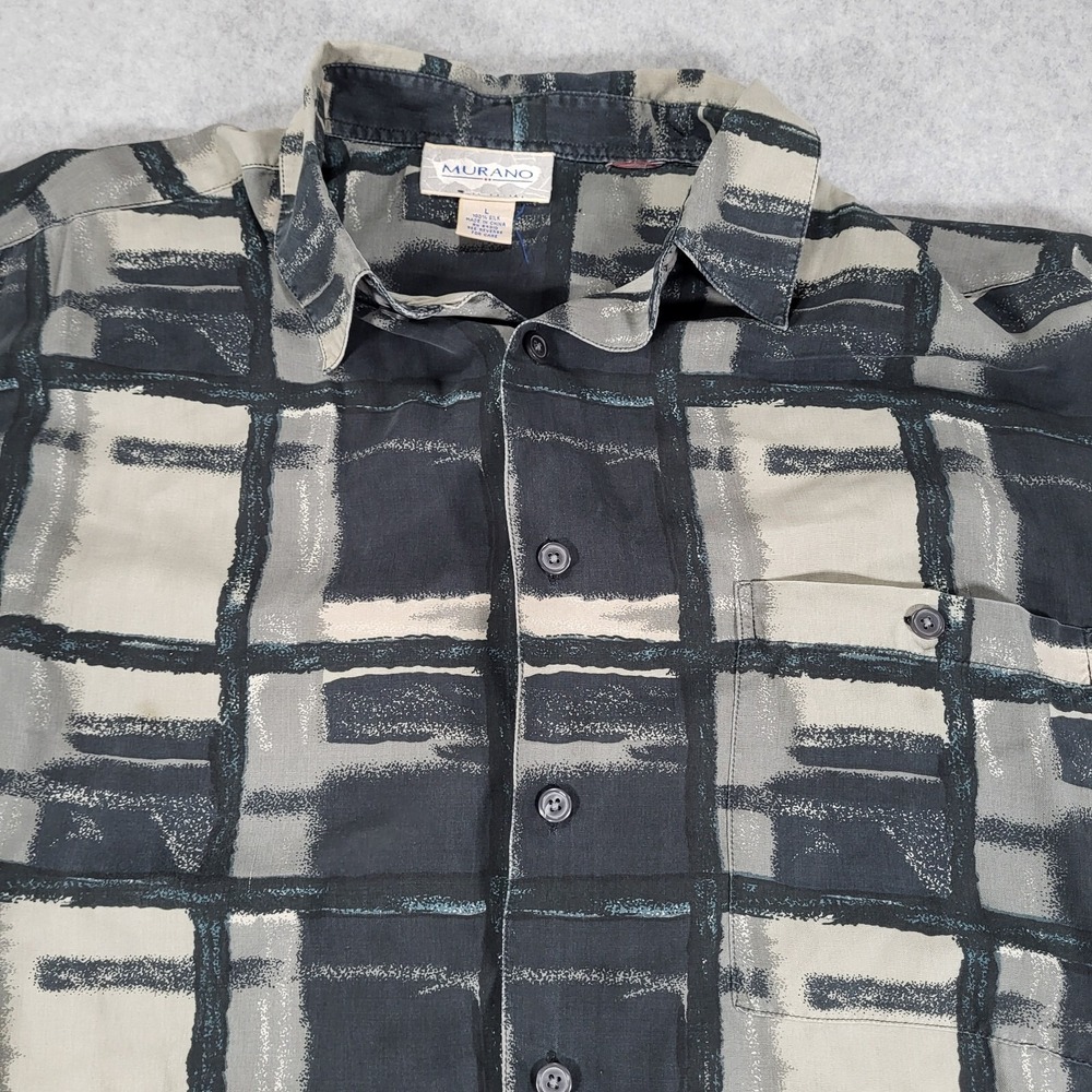 Murano 100% Silk Short‎ Sleeve Button Up Shirt Mens Large Black Gray